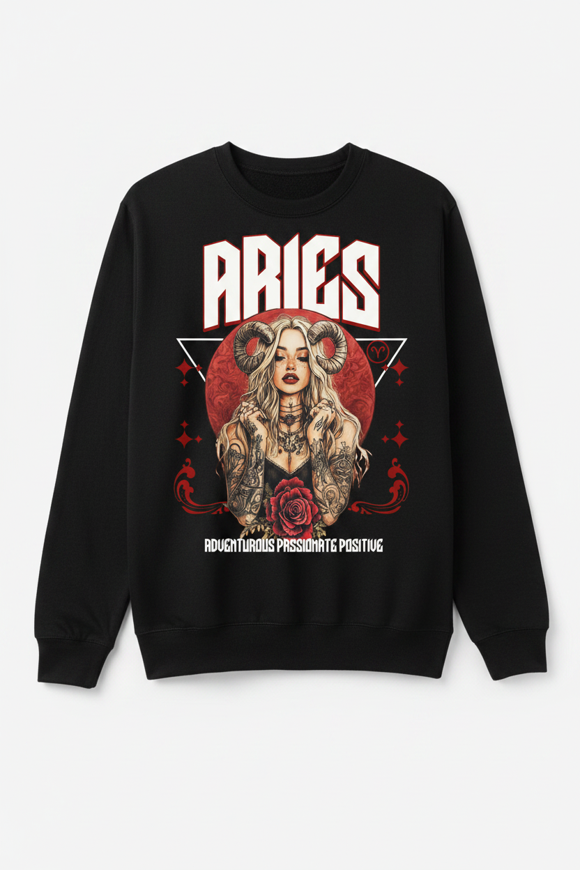 Aries Zodiac Graphic Tee on a black crew neck sweater