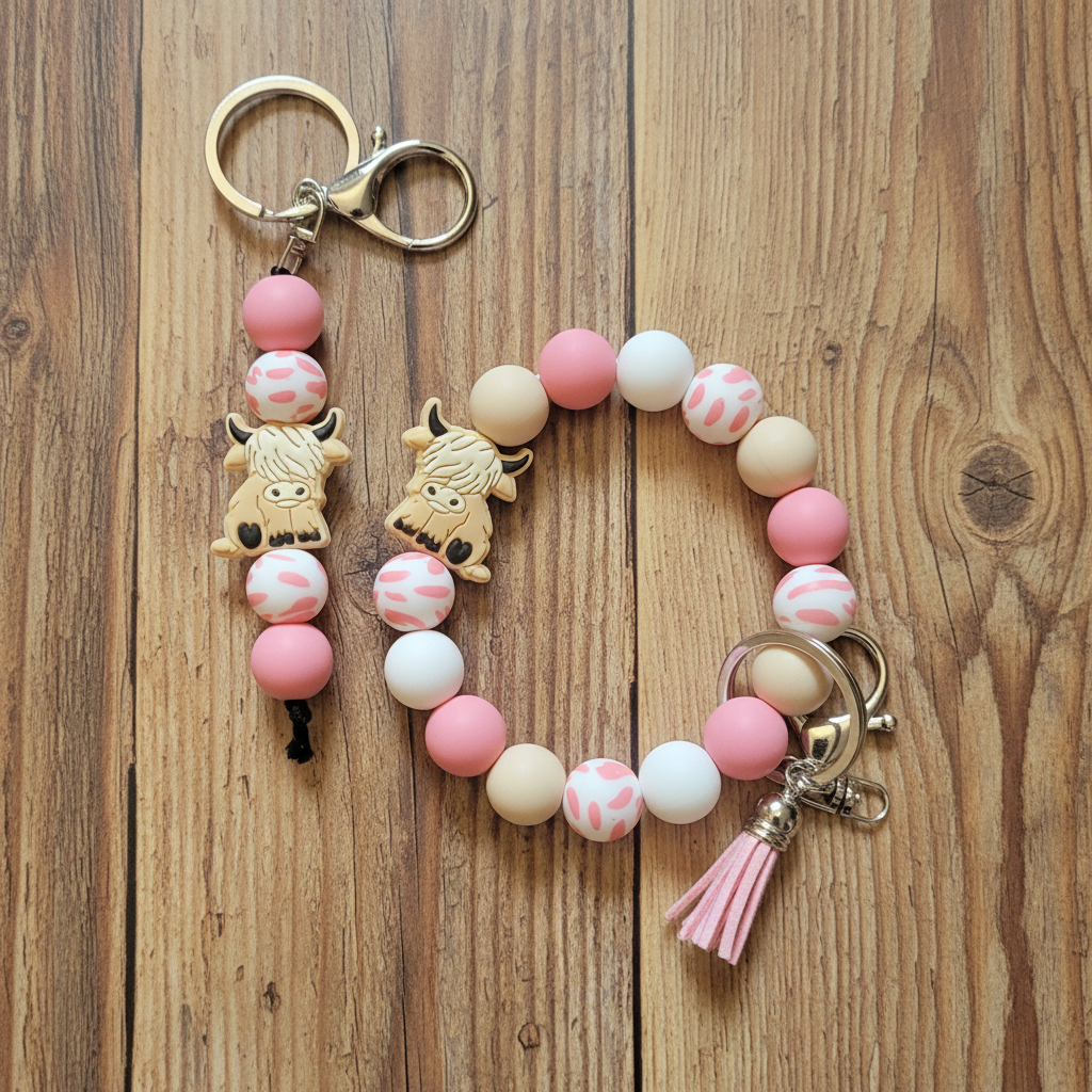 Highland Cow Pink Silicone Bead Keychain and Wristlet Set on rustic wood