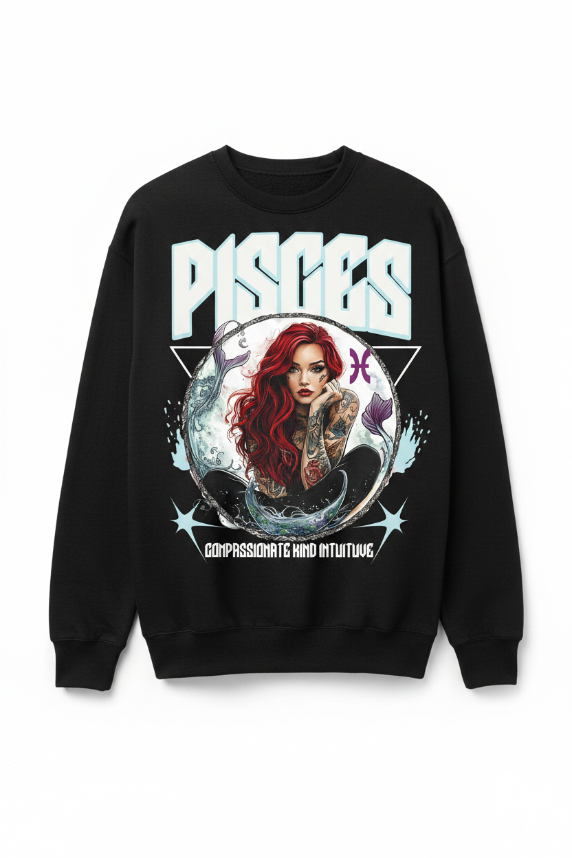 Pisces Zodiac Graphic Tee on a black crew neck sweater