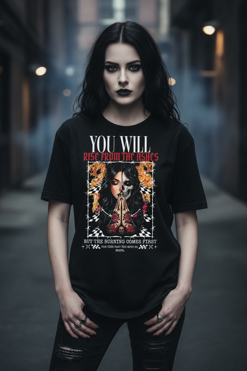 Goth girl wearing Rise From The Ashes graphic tee