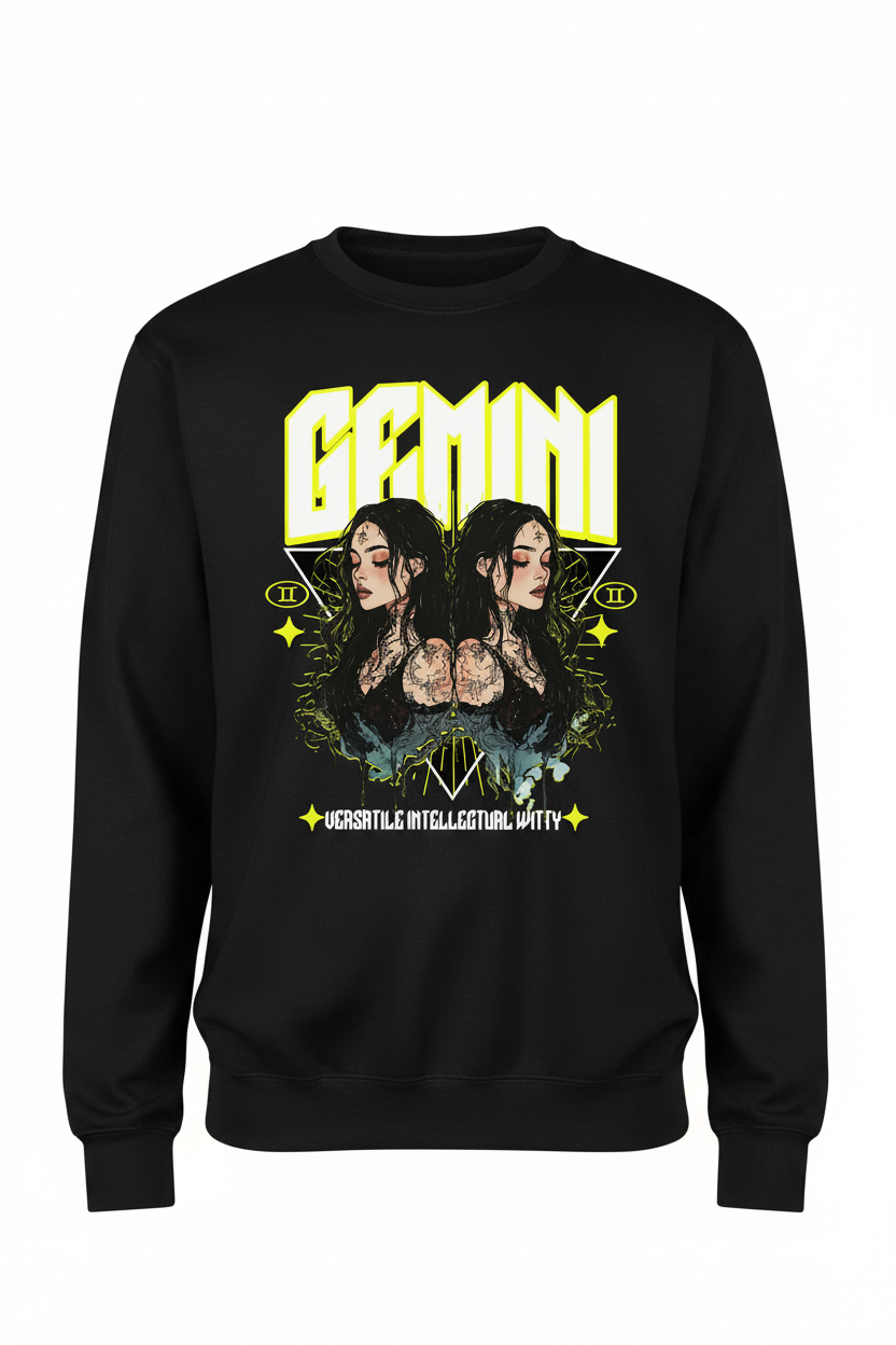 Gemini Zodiac Graphic Tee on a black crew neck sweater