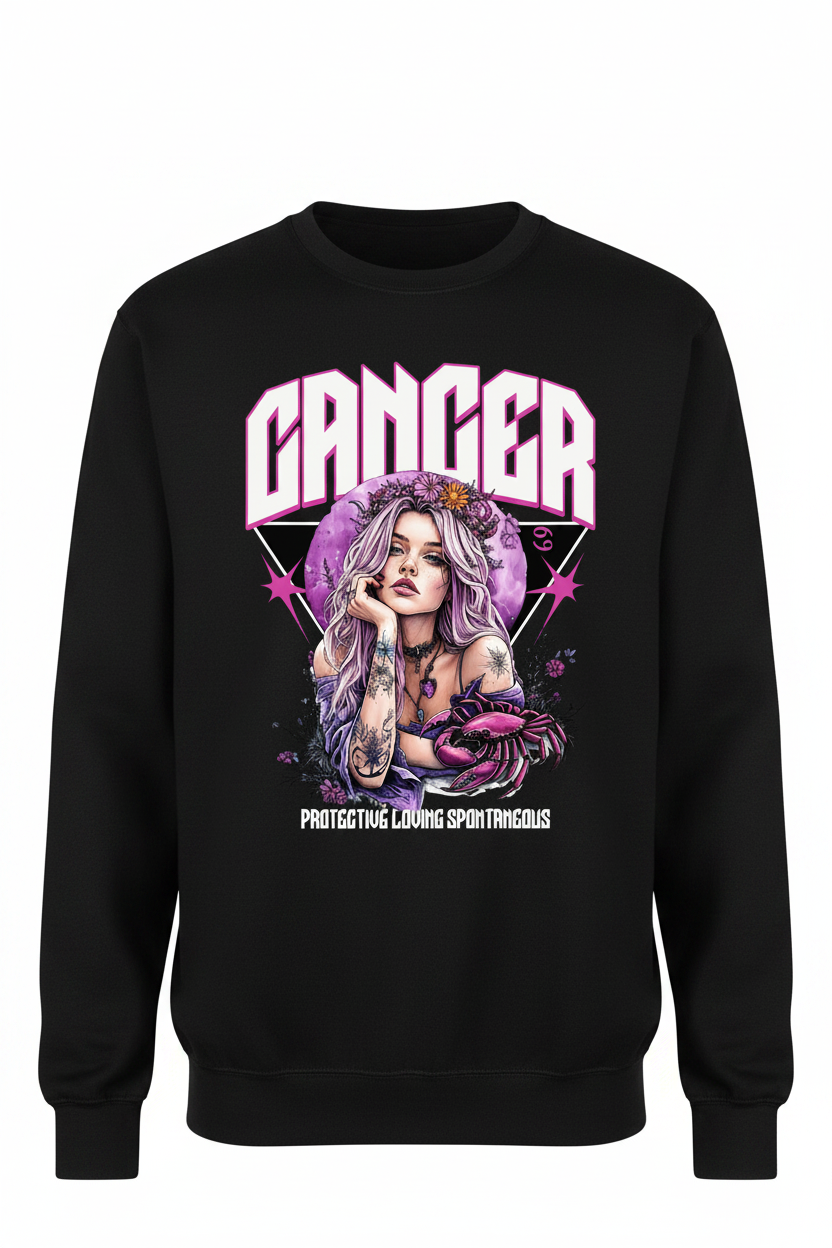Cancer Zodiac Graphic Tee on a black crew neck sweater