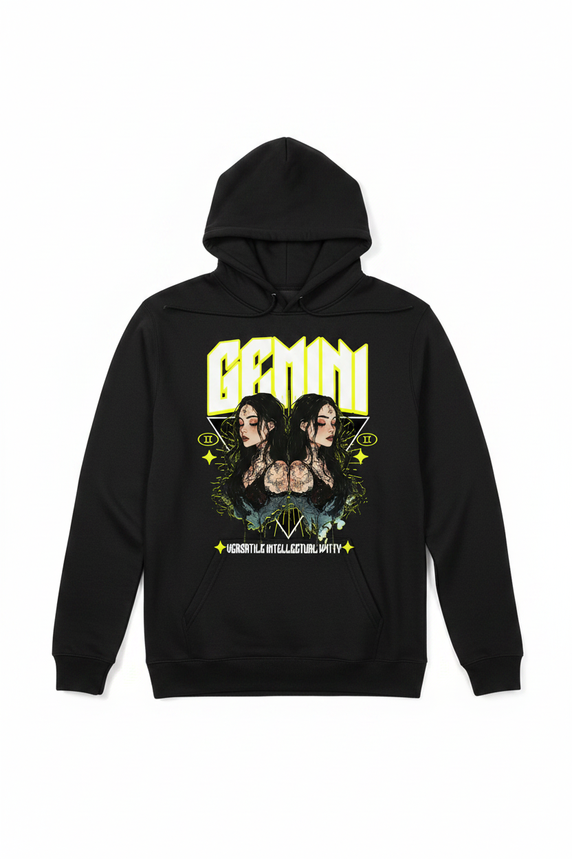 Gemini Zodiac Graphic Tee on a black hoodie