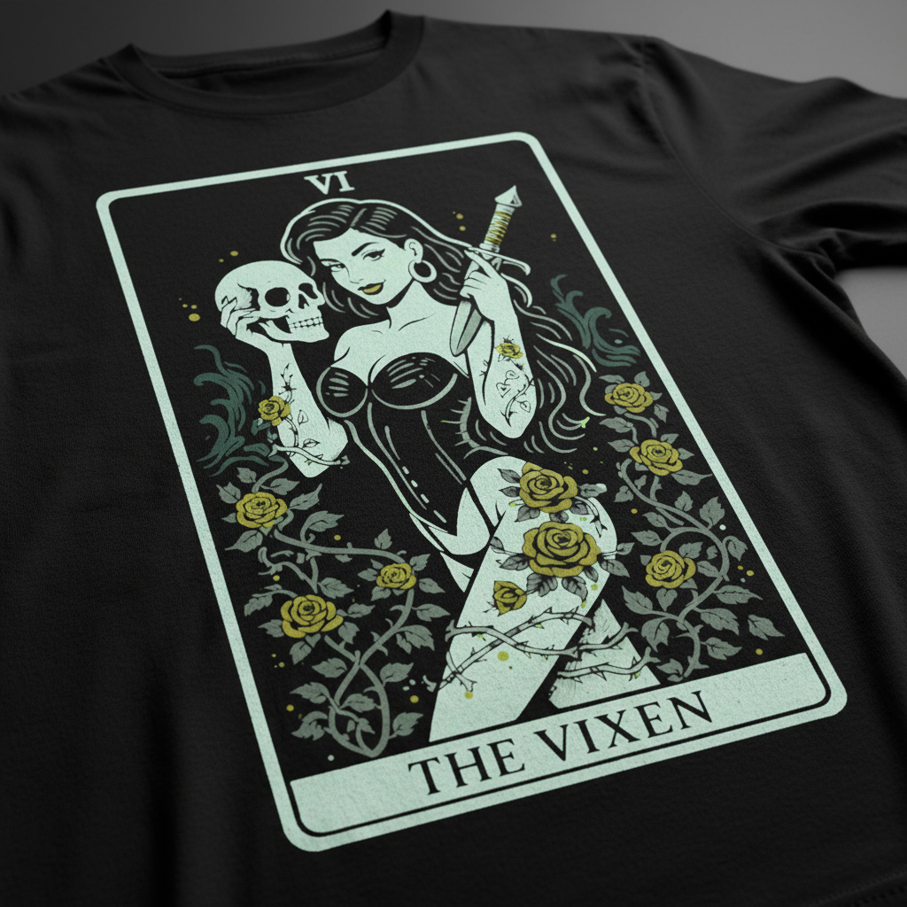 Close-up detail of The Vixen Tarot Tee print