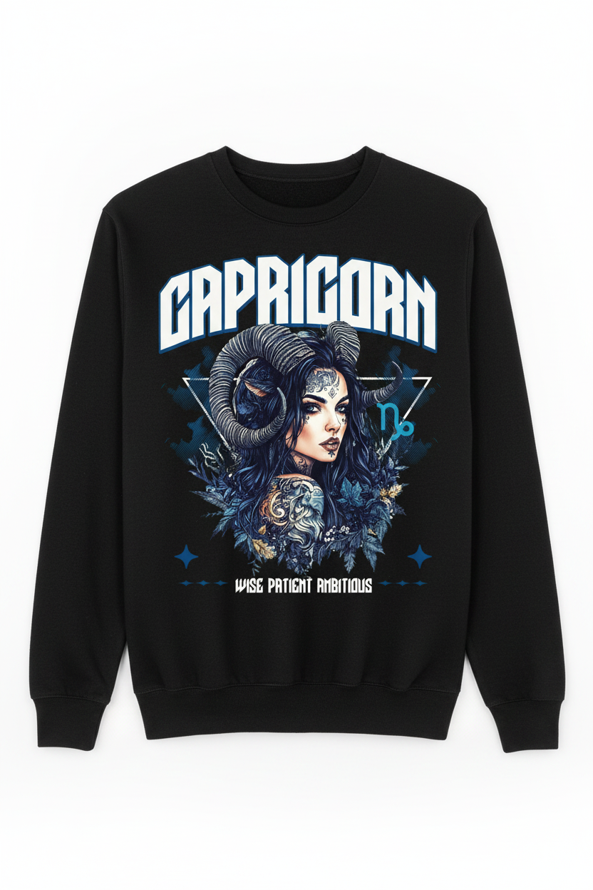 Capricorn Zodiac Graphic Tee on a black crew neck sweater