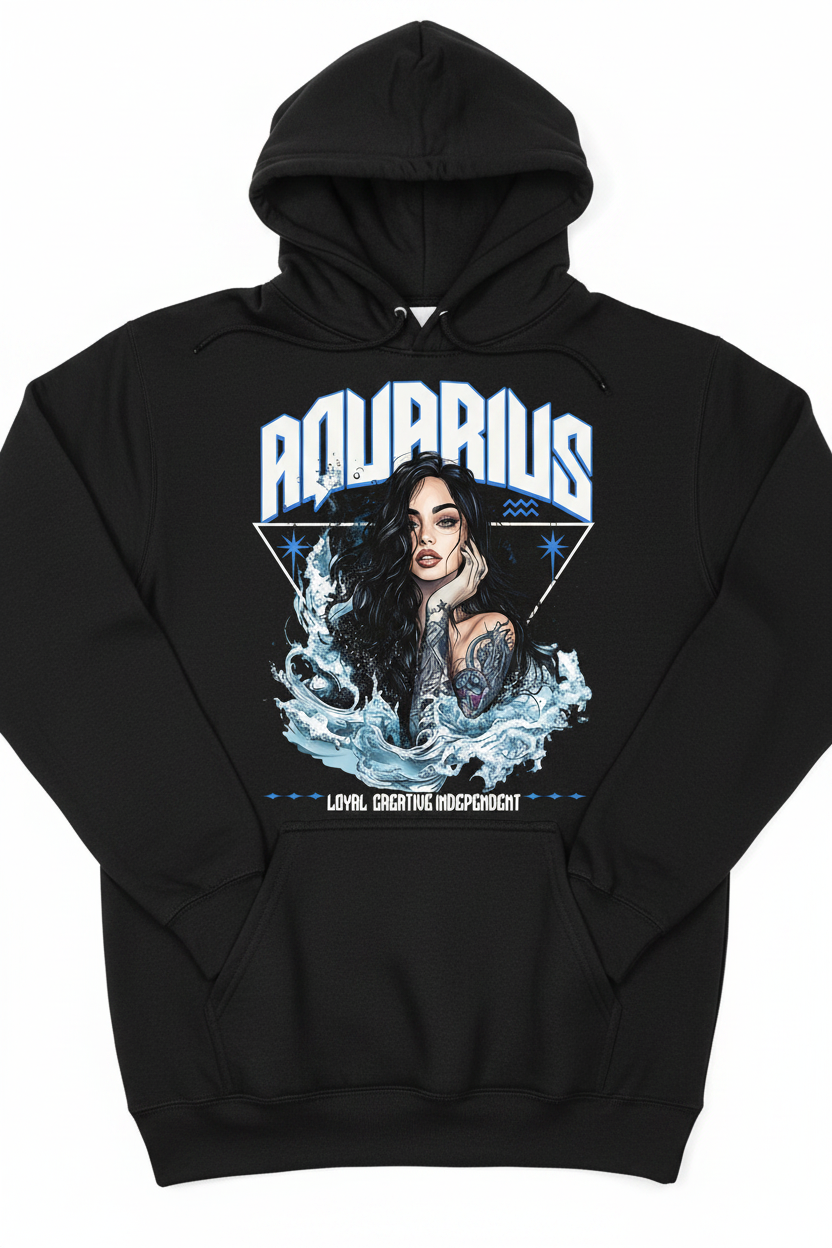 Aquarius Zodiac Graphic Tee on a black hoodie