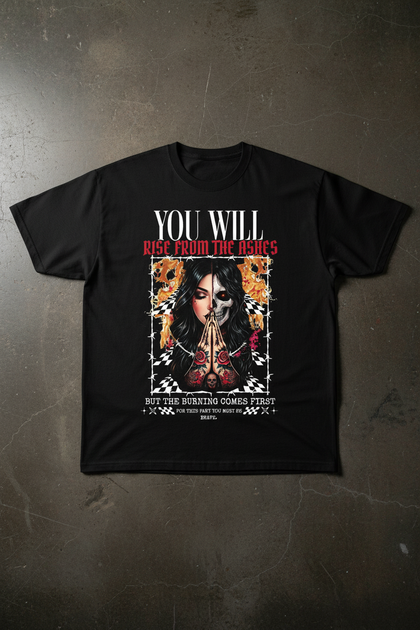 Flat lay of Rise From The Ashes graphic tee