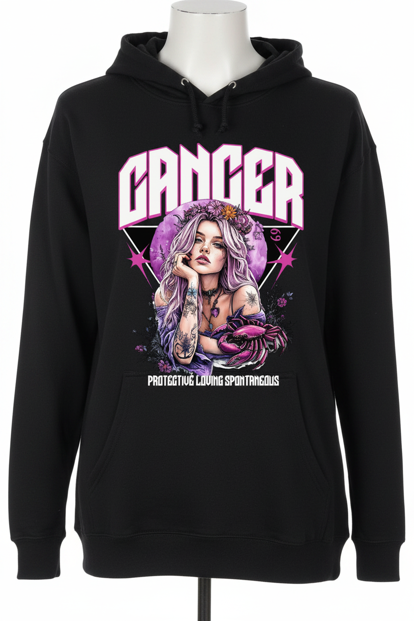 Cancer Zodiac Graphic Tee on a black hoodie