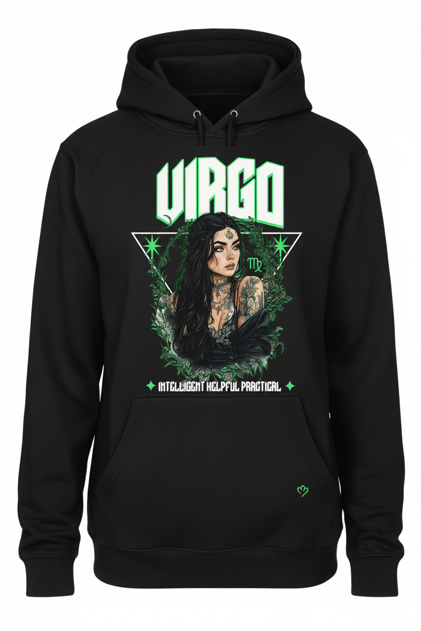 Virgo Zodiac Graphic Tee on a black hoodie