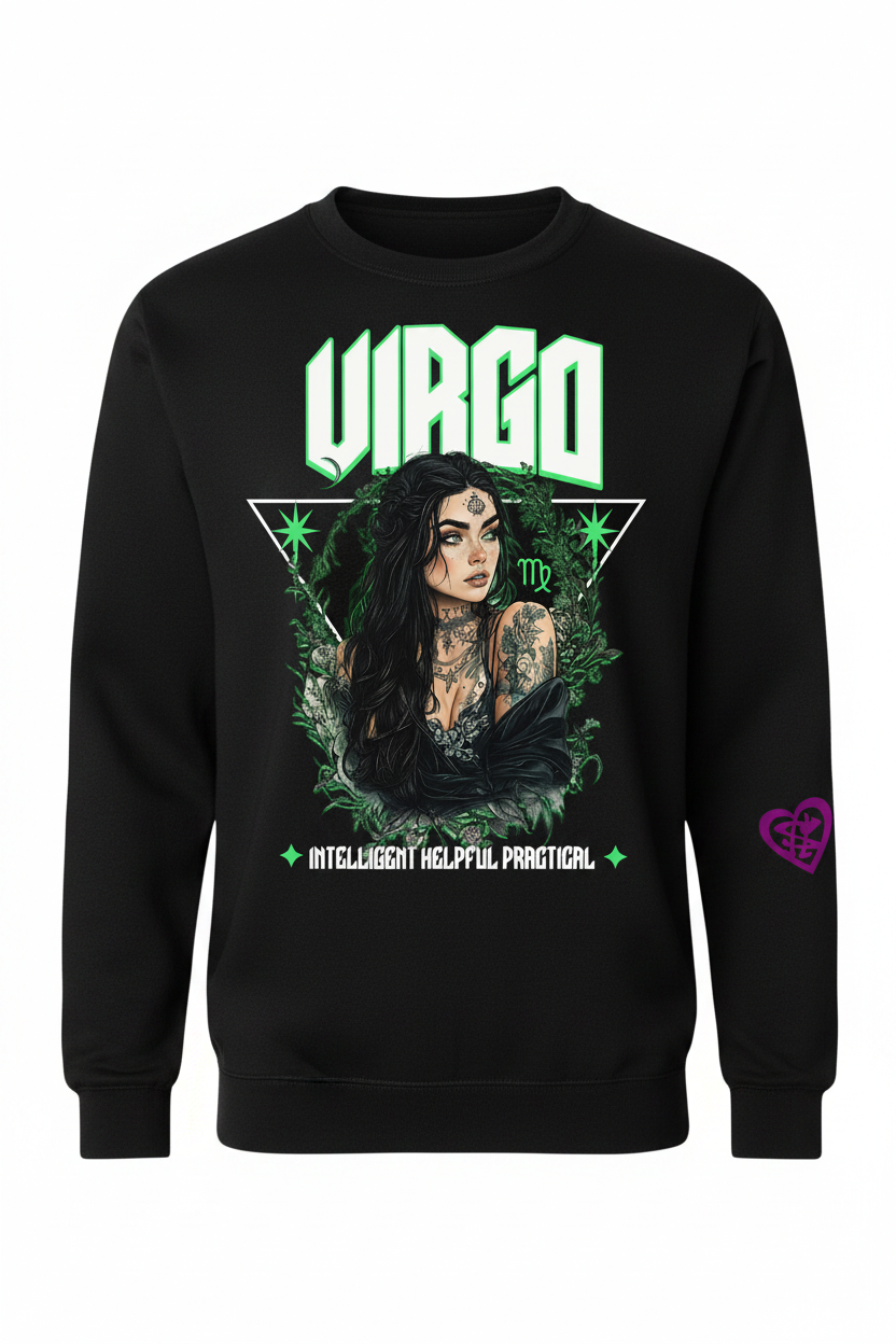 Virgo Zodiac Graphic Tee on a black crew neck sweater