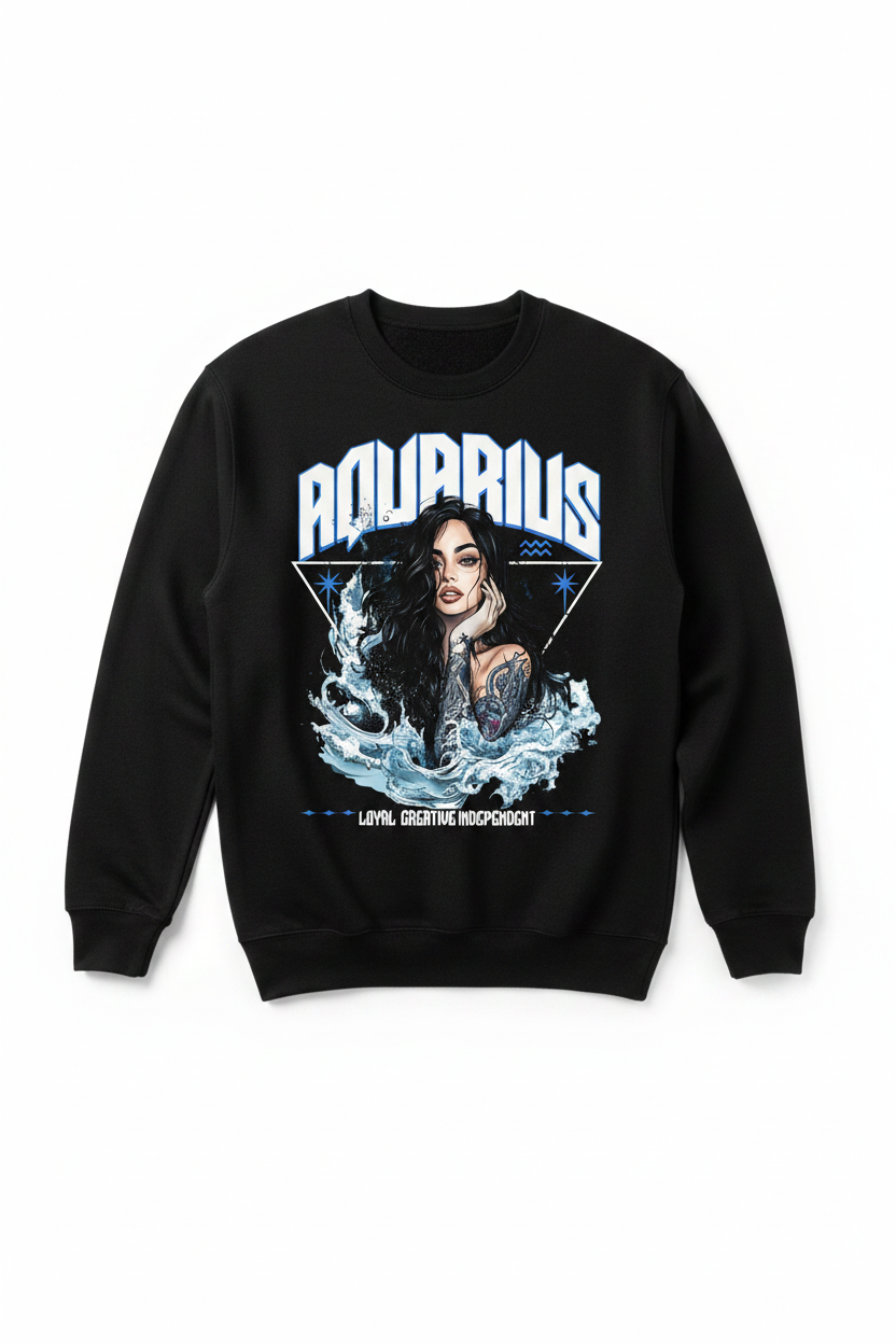 Aquarius Zodiac Graphic Tee on a black crew neck sweater