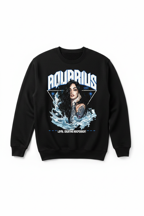 Aquarius Zodiac Graphic Tee on a black crew neck sweater