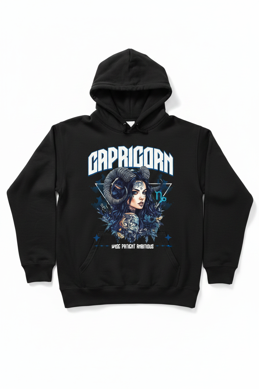 Capricorn Zodiac Graphic Tee on a black hoodie