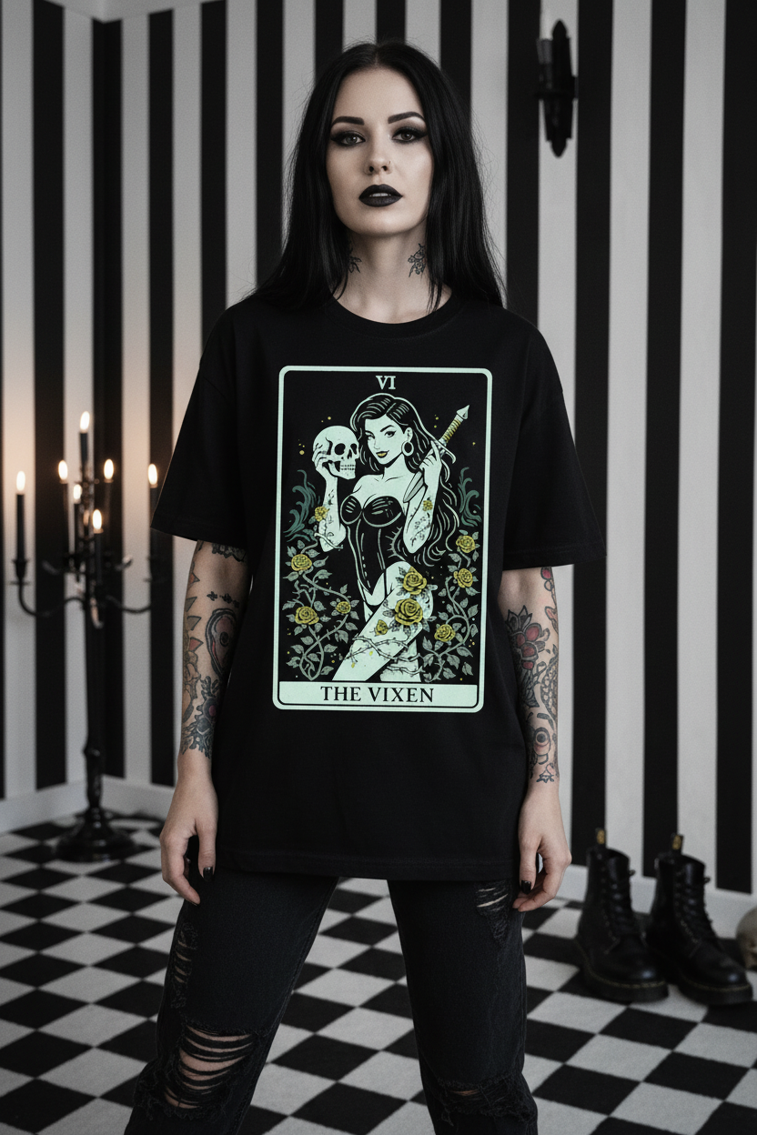 Goth girl wearing The Vixen Tarot Tee