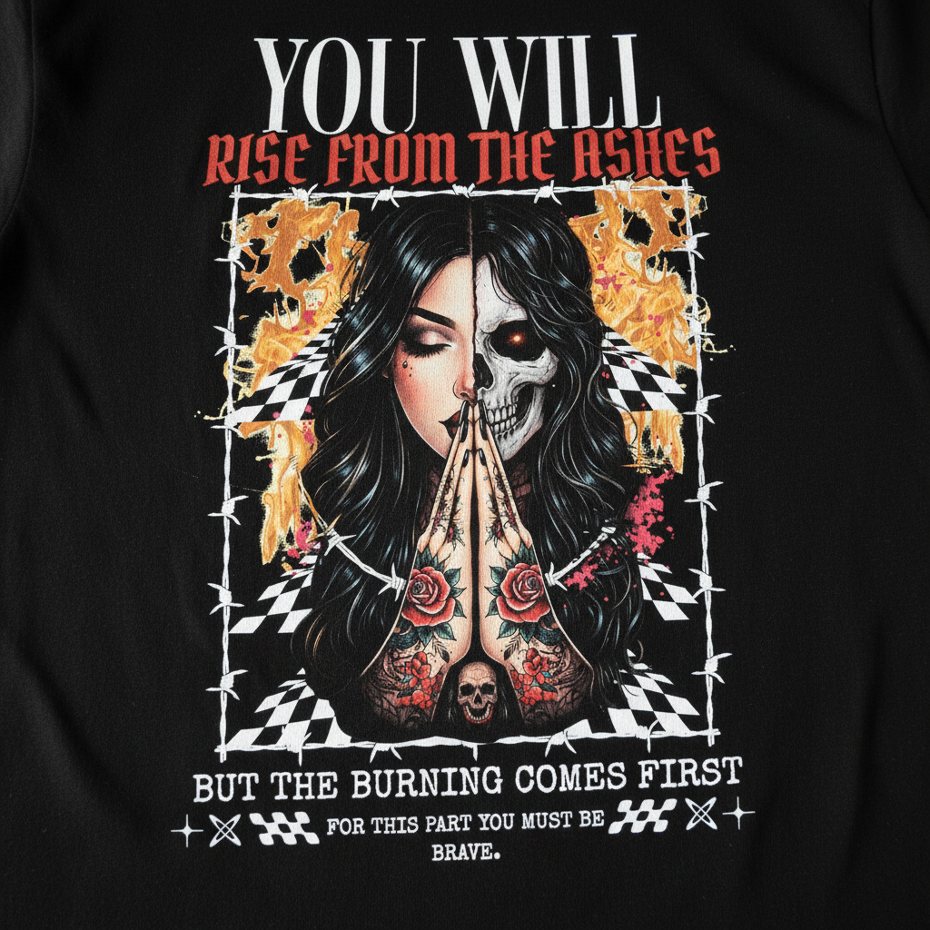 Close-up detail of Rise From The Ashes graphic tee print