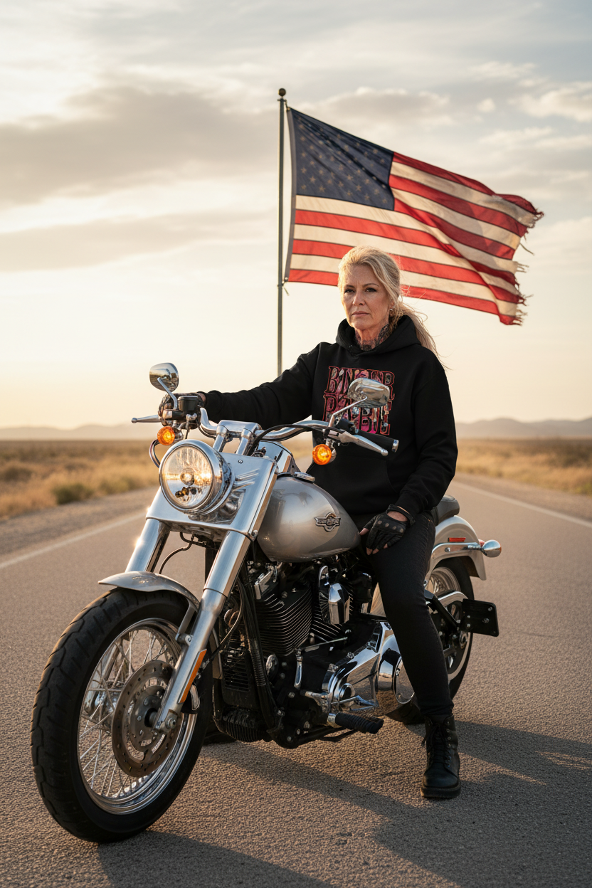 Biker Babe Hoodie — Harley with Flag