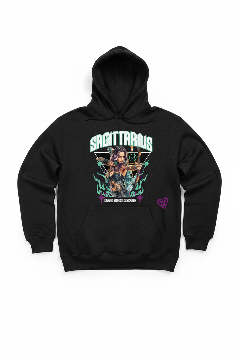 Sagittarius Zodiac Graphic Tee on a black hoodie