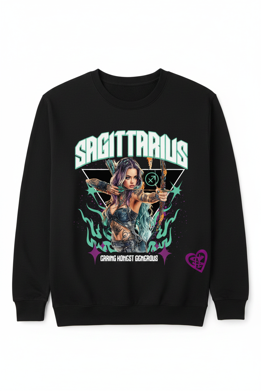 Sagittarius Zodiac Graphic Tee on a black crew neck sweater