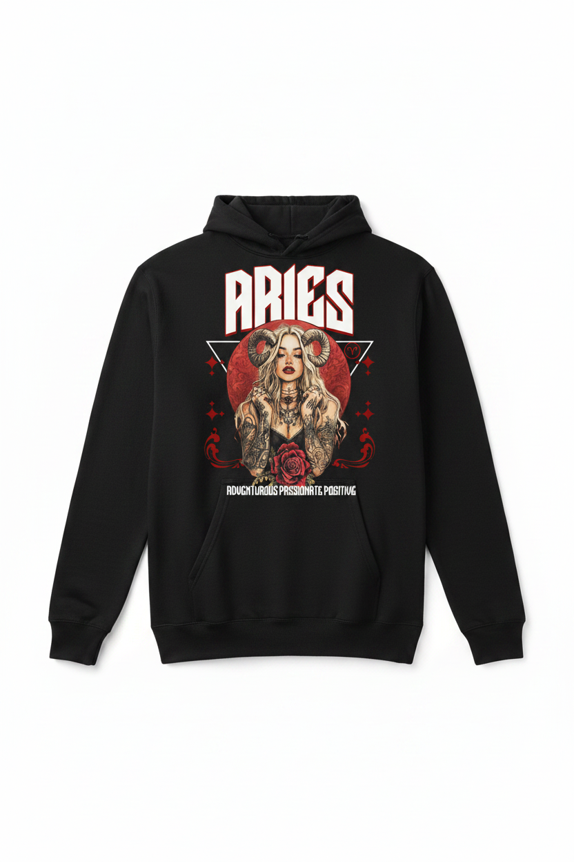 Aries Zodiac Graphic Tee on a black hoodie