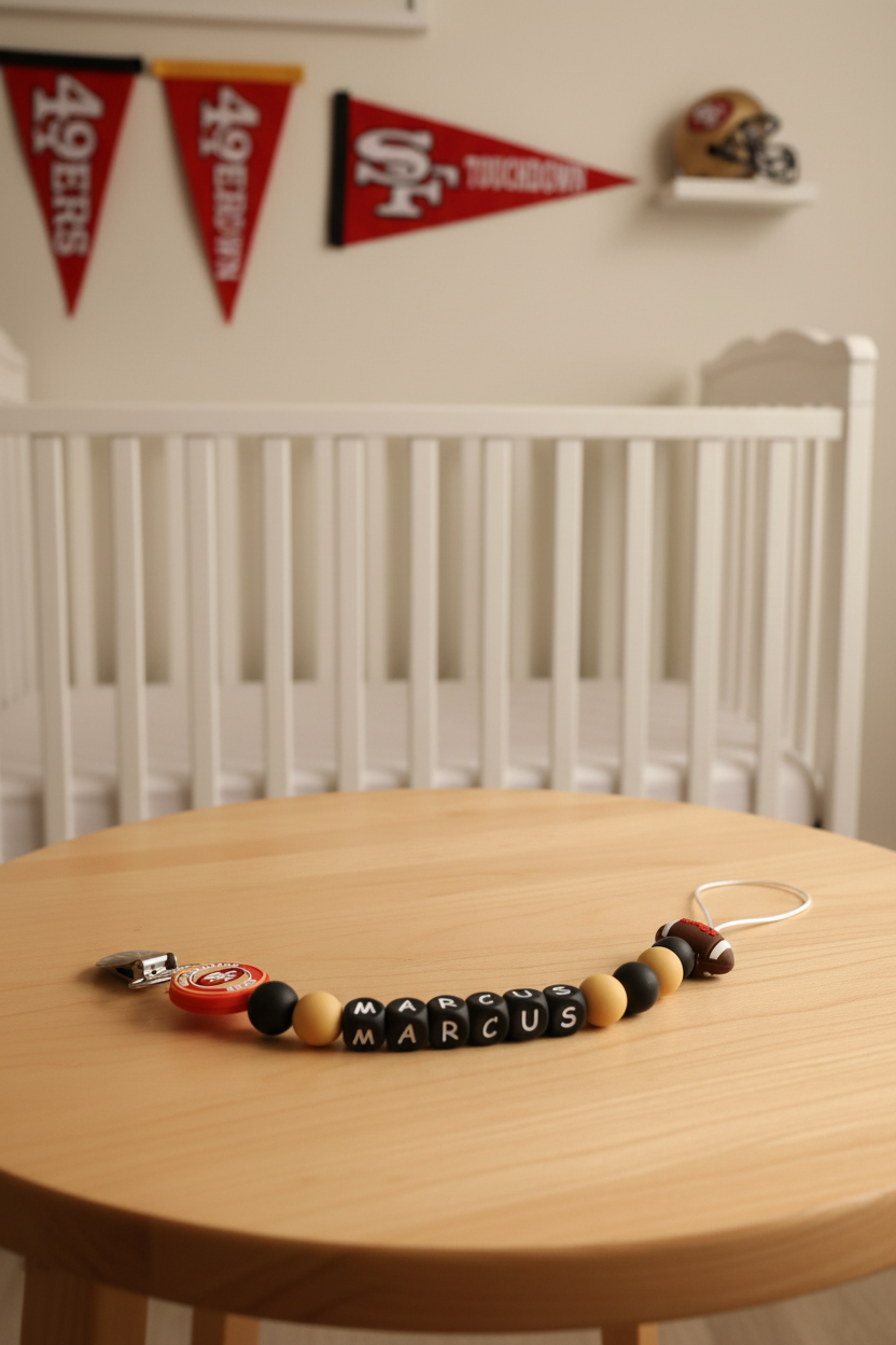 Marcus 49ers Pacifier Clip - Sports Nursery