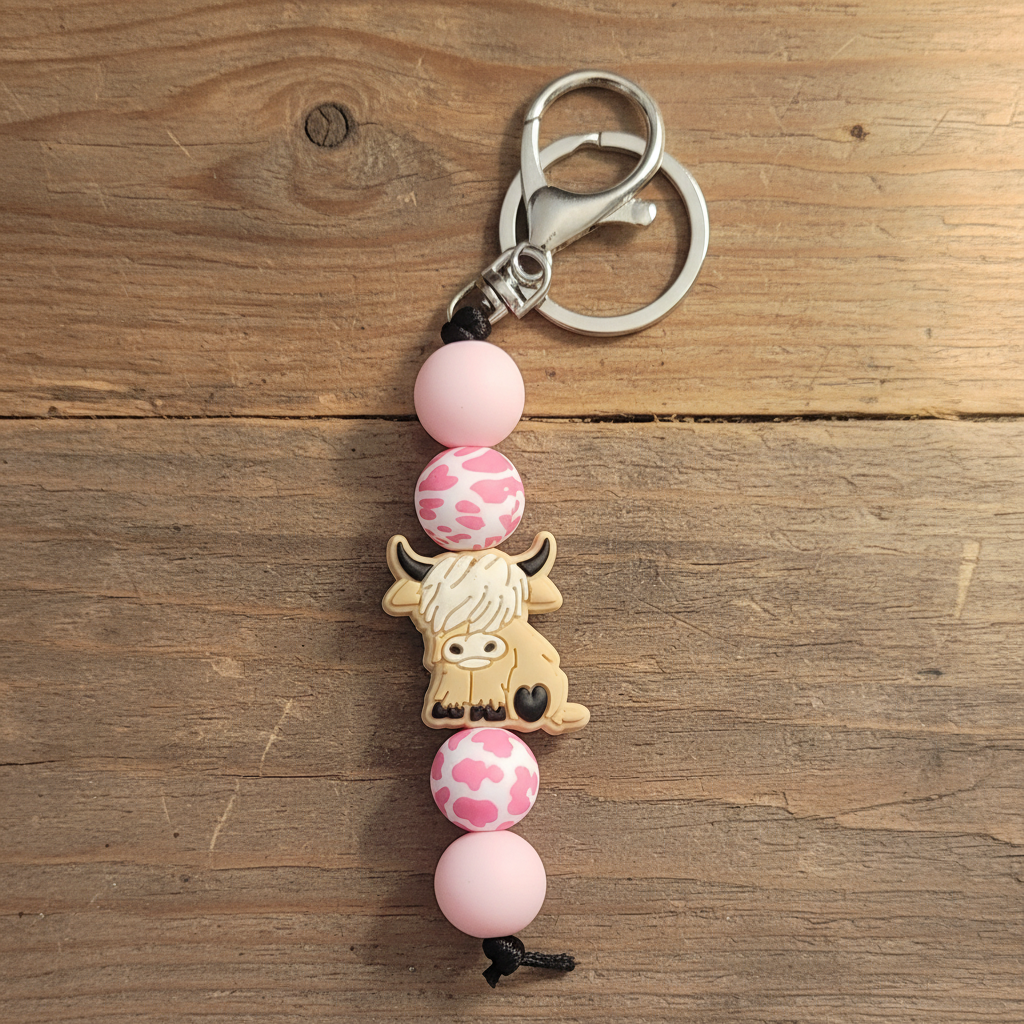 Pink Highland Cow Keychain - Rustic Wood