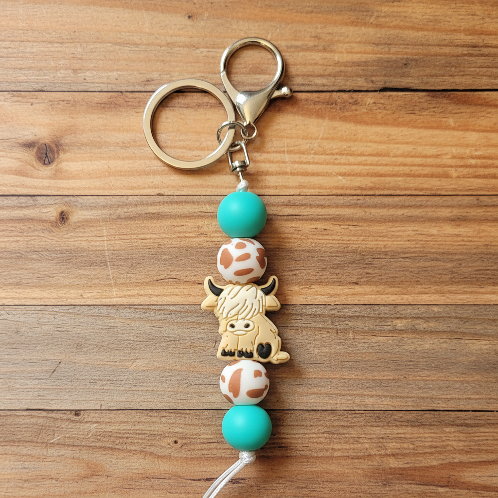 Teal Highland Cow Keychain - Rustic Wood
